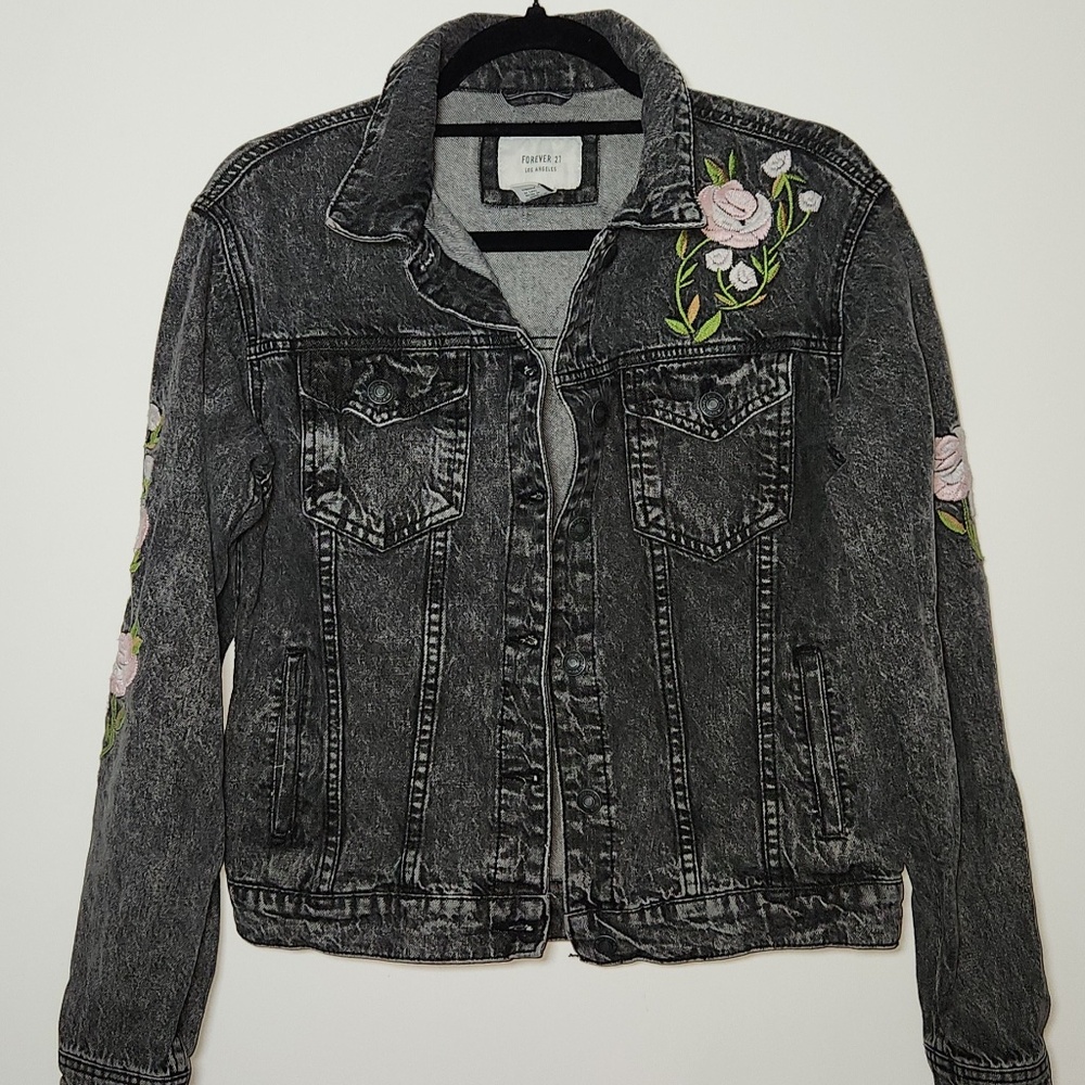 Forever 21 Black Washed Denim Jacket with Embroidered Floral Detail (Size Small)